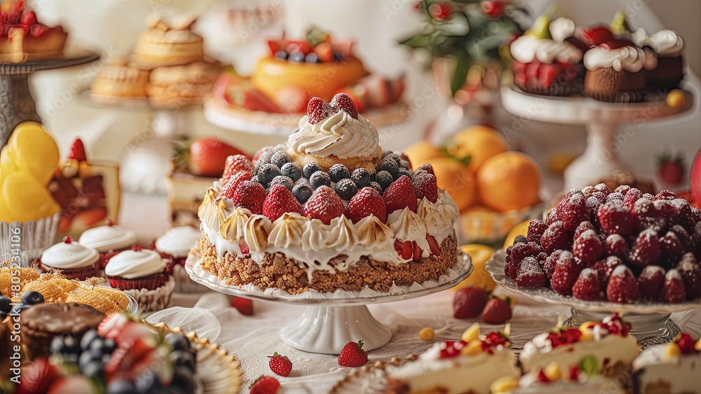 delicious sweet dessert on the table, sweets and cookies on the table, small cake with berries