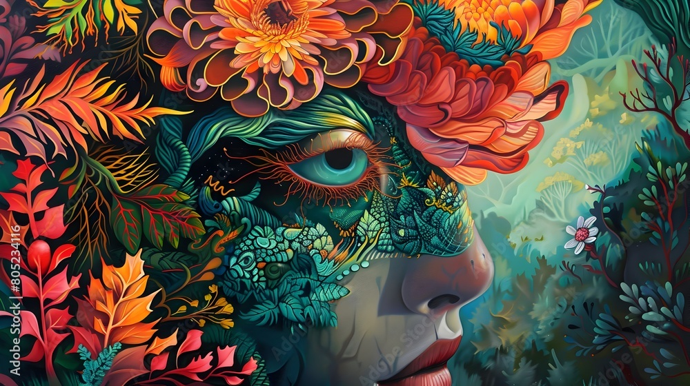 Surreal Floral Portrait with Mythical Elements in Vibrant Harmonious Contemplative Nature Tones Surreal Floral Portrait with Mythical Elements in Vibrant Harmonious Contemplative Nature Tones