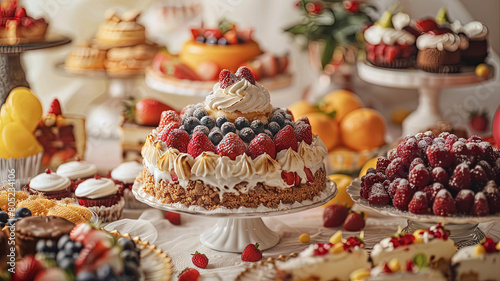 delicious sweet dessert on the table, sweets and cookies on the table, small cake with berries © Gegham
