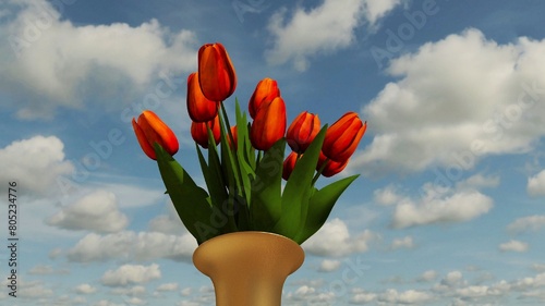 Bouquet of  orange tulips flowers 
in the sky, illustration design