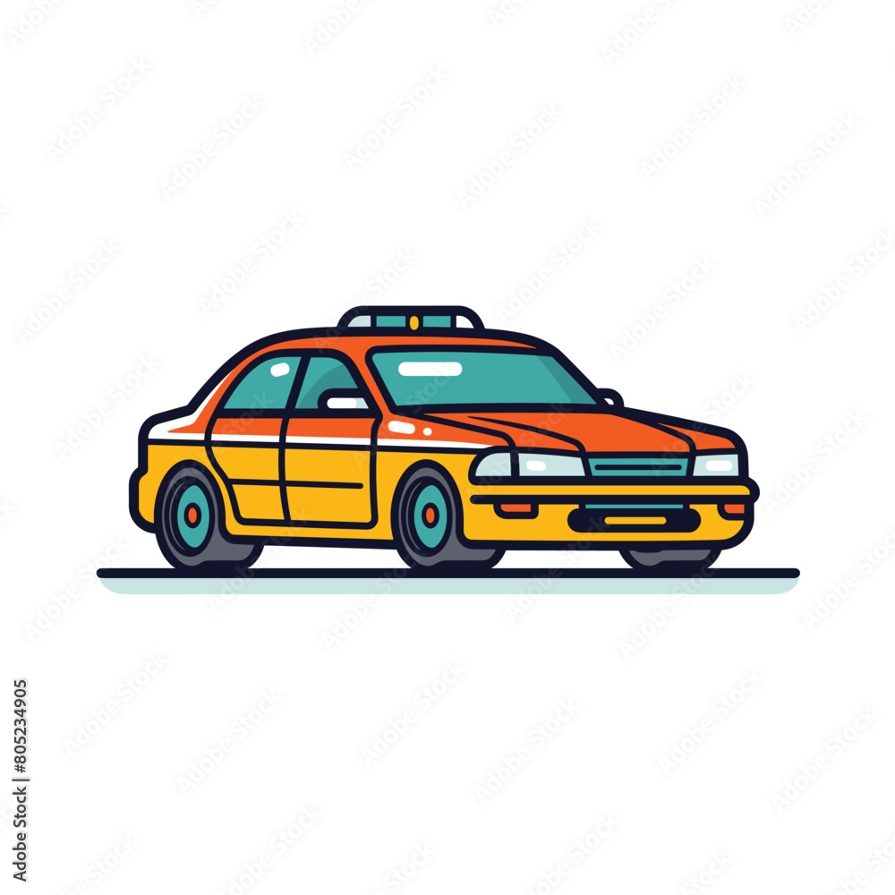Yellow orange taxi cab cartoon flat design isolated white background. Side view colorful taxi vehicle vector illustration, urban transportation concept. Bright car signage roof, city travel, service