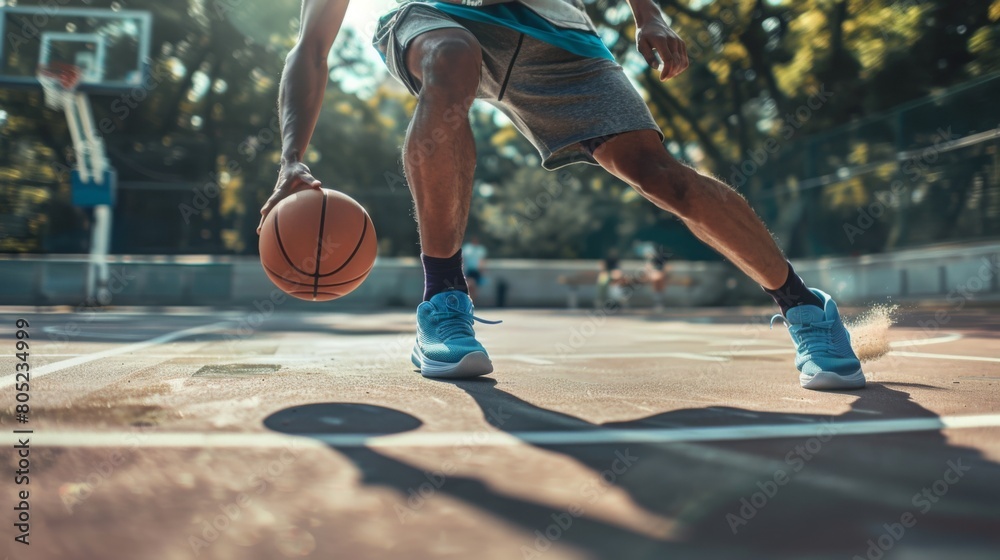Young male basketball player dribbling the ball on basketball court in action.