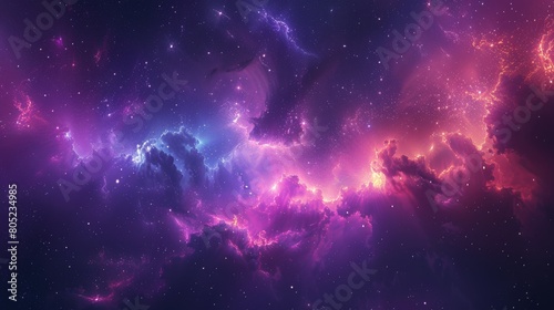 This stunning image shows a swirling purple nebula set against a backdrop of countless stars, representing the beauty and mystery of the universe