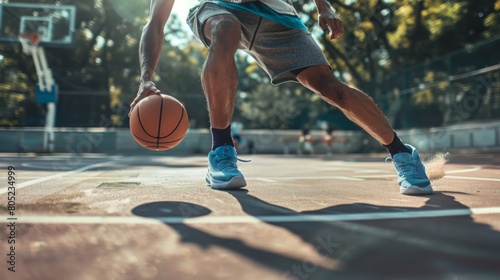 Young male basketball player dribbling the ball on basketball court in action.
