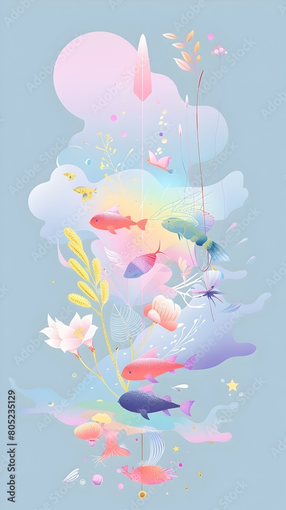 Fantastical Underwater Dreamscape with Ethereal Creatures and Vibrant Pastel Hues