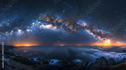 A breathtaking panoramic view featuring the Milky Way galaxy stretching above a serene, rocky seashore at twilight, symbolizing vastness