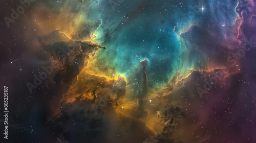 A spectacular display of cosmic wonder with high contrast  deep hues of blue and gold  and towering nebula formations
