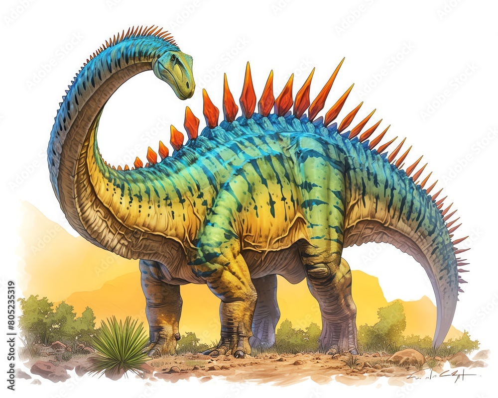 Mysterious Diplodocus, longtailed giant of the Jurassic period, vivid colors captured in high detail, isolated on white background