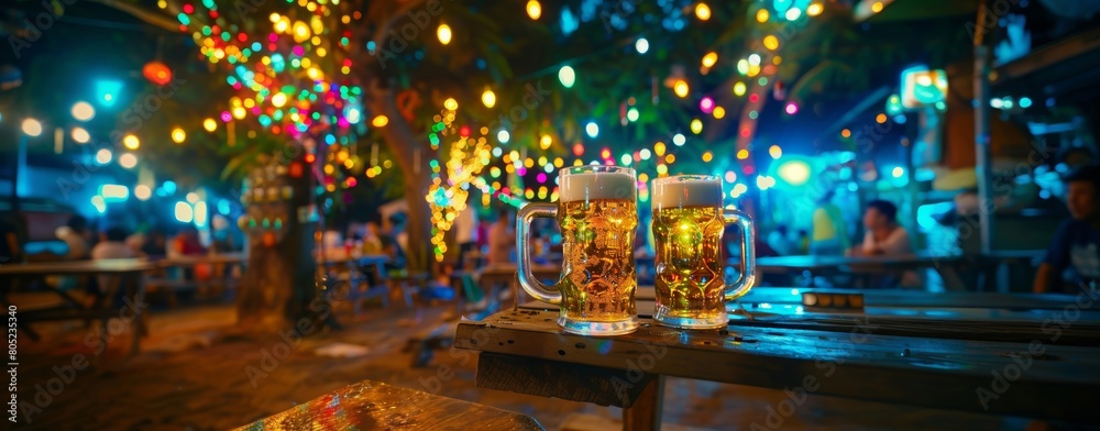 Two beer mugs clink together on a wooden table in a lively outdoor beer garden adorned with colorful lights. Two beer mugs clink together on a wooden table in a lively outdoor beer garden adorned with colorful lights.