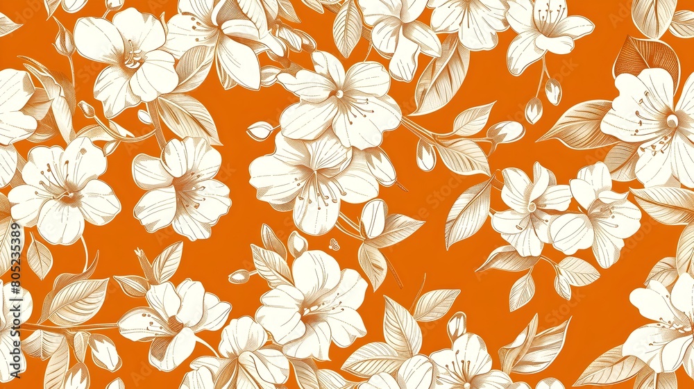 Lush Floral Pattern with Tropical Flowers and Leaves in Vibrant Orange Hue Seamless Botanical Background for and Design