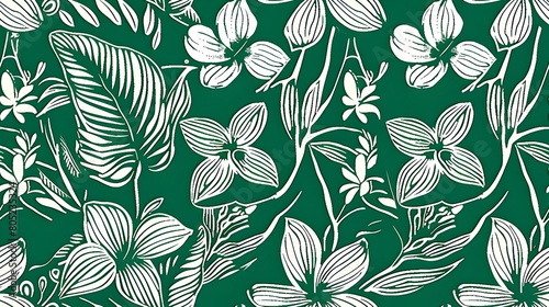 Lush Tropical Foliage and Botanical Floral Pattern for Decorative Background