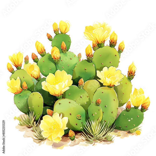 Opuntia Microdasys, bunny ears cactus, adorned with yellow blooms, cheerful spring setting, watercolor, isolate. photo