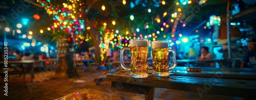 Two beer mugs clink together on a wooden table in a lively outdoor beer garden adorned with colorful lights. photo