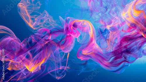 Vivid smoke patterns dance across a deep blue background portraying motion and a delicate balance of colors