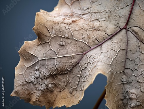 Macro photography of a grapevine leaf with botrytis blight, showcasing grayish fungal growth on the leaf surface