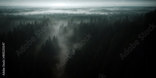 Pine forest in the fog, cinematic dark light, beautiful white and green colors - Natural fantasy scene, trees and hills in the mist, near darkness.  © bagotaj