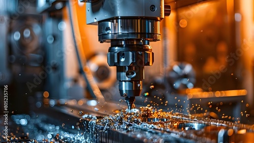 Advanced CNC Milling Machine with Metalworking Technology and Shallow Depth of Field. Concept CNC Milling, Metalworking Technology, Shallow Depth of Field, Advanced Machinery, Industrial Photography