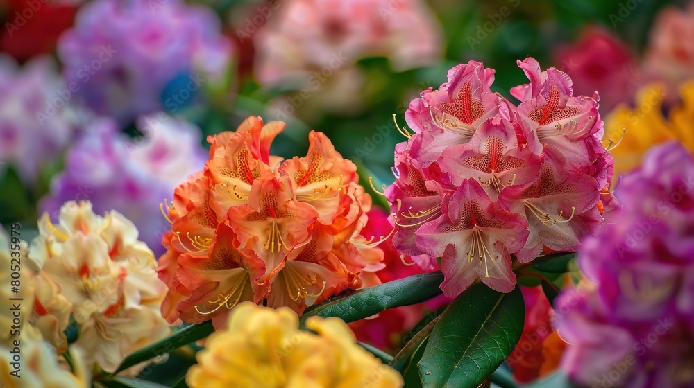 Rhododendron blooming in different colors in a botanical garden during ...