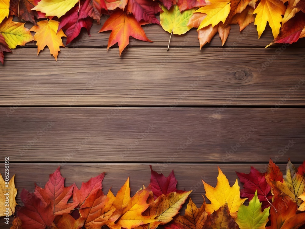Brightly colored autumn leaves scattered on a wooden table, with ample copy space for text Brightly colored autumn leaves scattered on a wooden table, with ample copy space for text