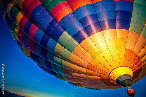 Artistic Shot of a Hot Air Balloon's Colorful Fabric Against a Deep Blue Sky