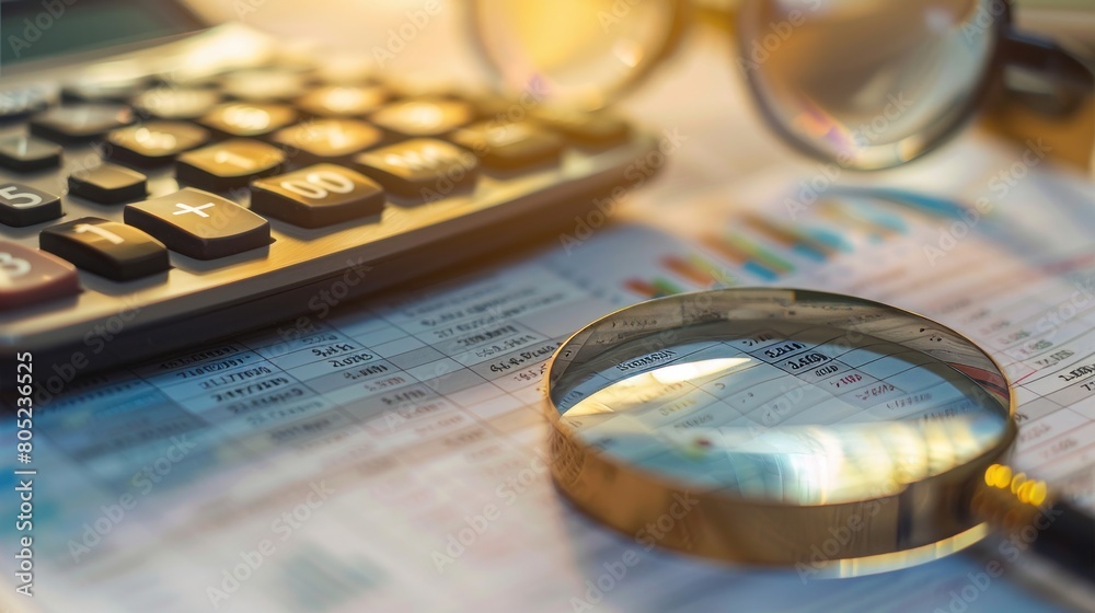 Spreadsheet bank accounts accounting with calculator and magnifying glass. Concept for financial fraud investigation, audit and analysis Spreadsheet bank accounts accounting with calculator and magnifying glass. Concept for financial fraud investigation, audit and analysis