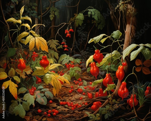 A vibrant scene of tiny, grounddwelling pepper plants with red and green fruits scattered across the forest floor photo