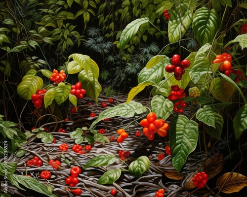 A vibrant scene of tiny, grounddwelling pepper plants with red and green fruits scattered across the forest floor photo