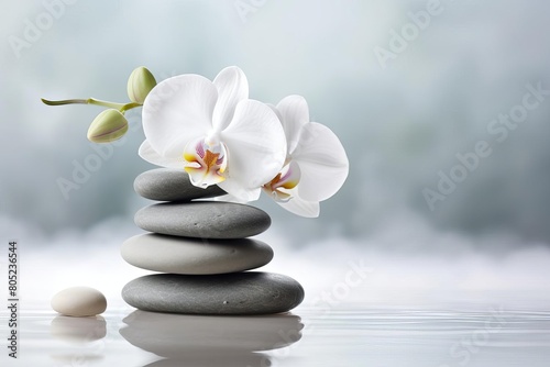 A soothing image of smooth stones stacked with a white orchid, spa concept with copy space