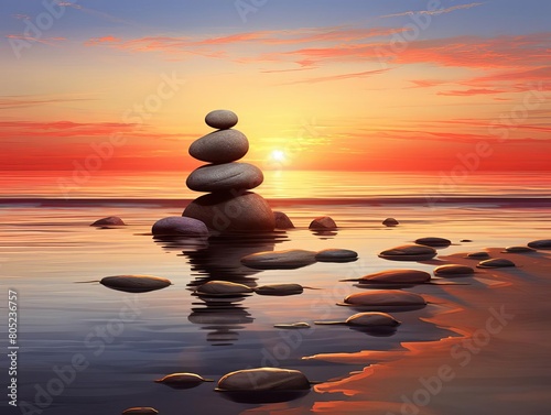 A serene beach scene at sunset with smooth pebbles stacked in the foreground  symbolizing peace and balance  with gentle waves in the background