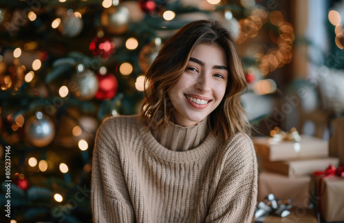 A beautiful woman with long curly brown hair is smiling and sitting in front of a Christmas tree, wearing a beige sweater. 