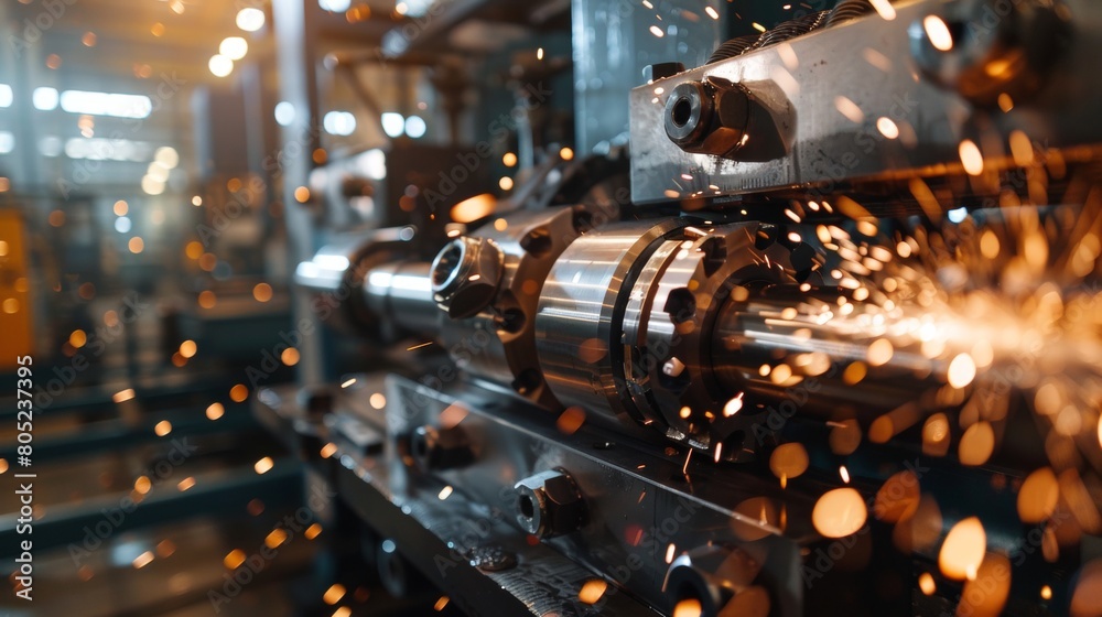 A closeup shot of an advanced CNC machine creating metal parts, showcasing the precision and speed of industrial machinery production. A closeup shot of an advanced CNC machine creating metal parts, showcasing the precision and speed of industrial machinery production.