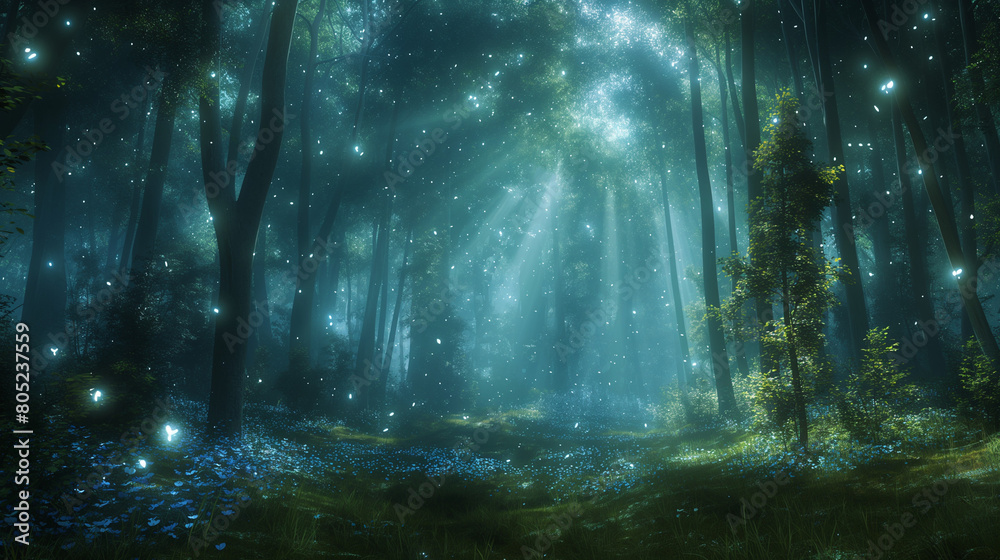 Fototapeta premium Forest Starry Magic: Star Trail for a Bright Galaxy, Movie Title Concept