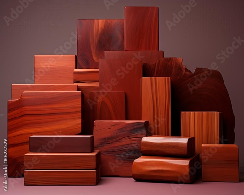 A display of padauk wood, notable for its deep orangered color that matures to a rich brown, used in fine furniture and flooring