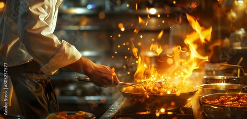 Dynamic scene capturing the artistry of a chef's hands cooking food with flames in a restaurant. 