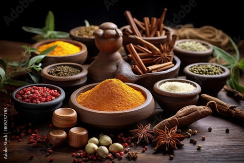 A collection of various spices in wooden bowls on an old kitchen table, capturing the essence of culinary art with vibrant colors and textures, and room for text