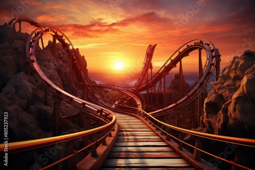 Intense Roller coaster sunset. Sky rail. Generate Ai photo