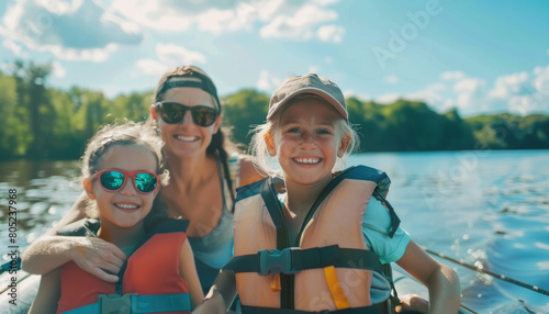 a happy mother with two kids in life jackets on a boat, with a lake background. © Kien