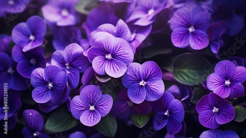 A cluster of vibrant purple violets in full bloom, their delicate flowers adding a pop of color to the garden. © Ansar
