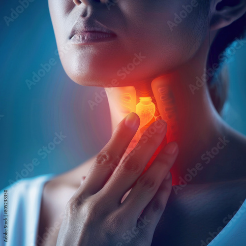 Throat pain. Young woman touching painful neck  touching painful neck, sore throat for flu, cold and infection. photo