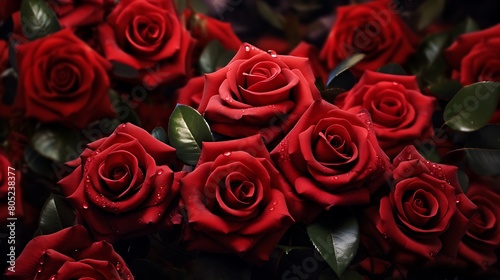 A cluster of vibrant red roses in full bloom  their velvety petals exuding romance and passion.