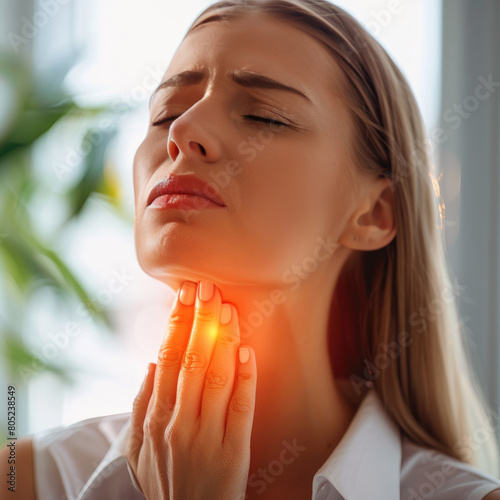 Throat pain. Young woman touching painful neck  touching painful neck  sore throat for flu  cold and infection.