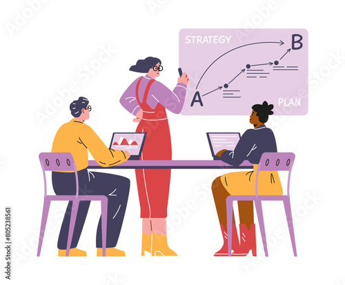 Business change management strategy. Flat style, isolated background, and training.
