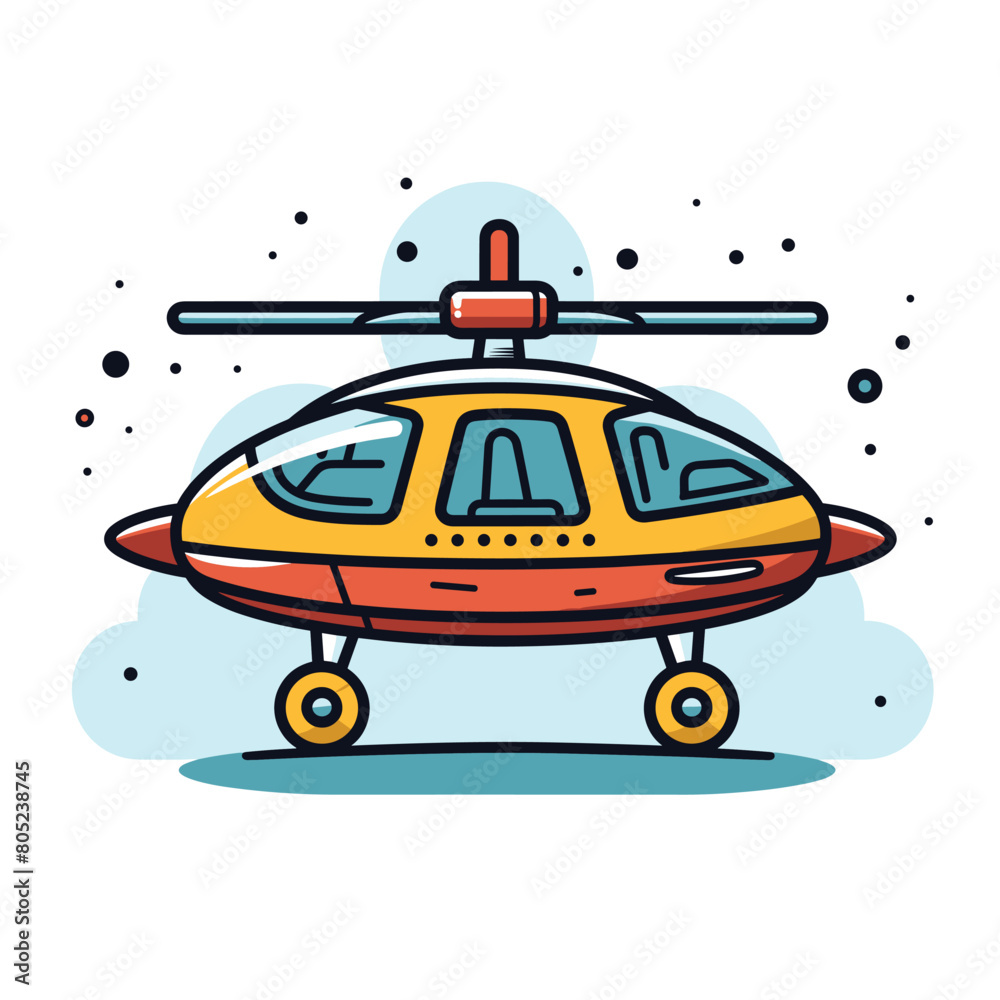 Cartoon helicopter, bright yellow orange, flying vehicle, rotor, wheels, cute, sky background, transport theme. Childfriendly helicopter drawing, round shapes, whimsical playful graphic aviation