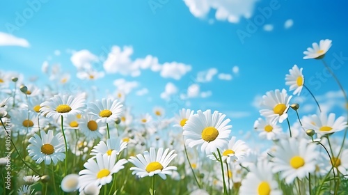 A cluster of white daisies blooming in a field, their cheerful blooms swaying in the breeze against a backdrop of blue sky.