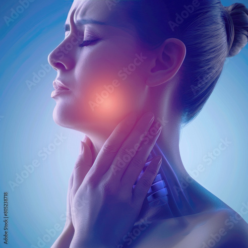 Throat pain. Young woman touching painful neck touching painful neck, sore throat for flu, cold and infection.