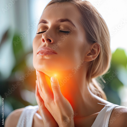 Throat pain. Young woman touching painful neck  touching painful neck, sore throat for flu, cold and infection.