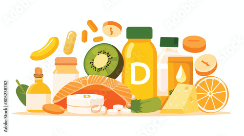 Text VITAMIN D and different healthy products on white