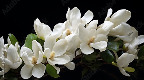 A cluster of white magnolia blossoms in full bloom, their fragrant petals opening to reveal a delicate heart.