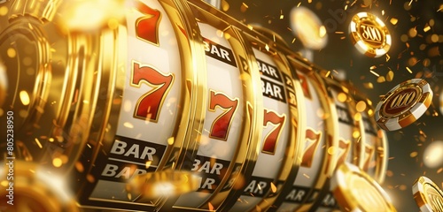 A gleaming gold casino slots machine displaying lucky numbers against a luxurious backdrop. 