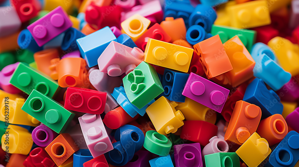 Naklejka premium Colorful Assorted Toy Bricks Pile Close-up
